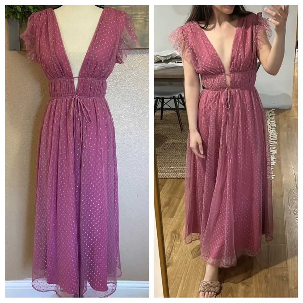 NWOT Lulus Yours Evermore Mauve Swiss Dot Ruffled Midi Dress